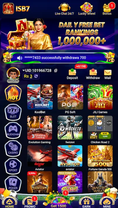 ISB7 Game dashboard with colorful game icons, bonus section, and user interface.