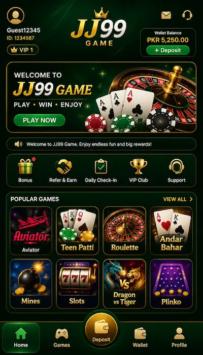 JJ99 Game dashboard showing games, wallet, deposit, and profile options