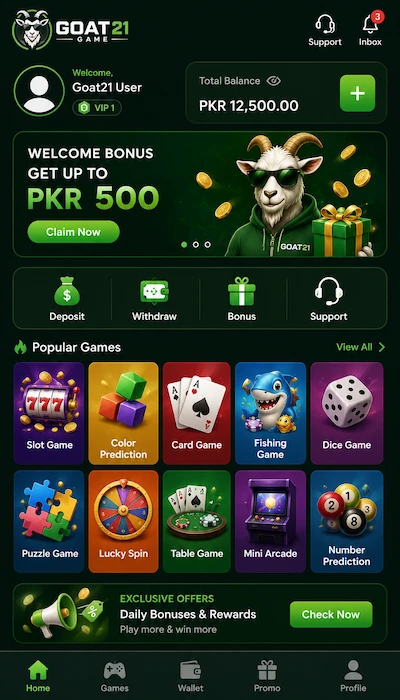 Goat21 Game mobile dashboard with bonus section and game icons.