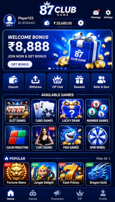 87Club Game mobile dashboard with casino games, rewards, and bonus features