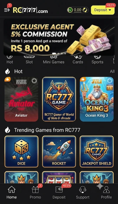 RC777 Game dashboard screen with game menu icons
