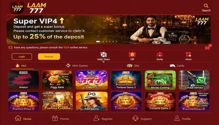 LAAM777 game dashboard with casino games